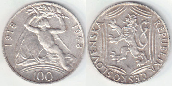 1948 Czechoslovakia silver 100 Korun (Independence) A003521